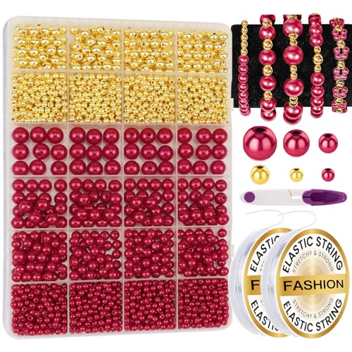 Dark Red Pearl Bracelet Making Kit Gold Beads for Bracelets for Adult - color: 19-Dark Red & Gold