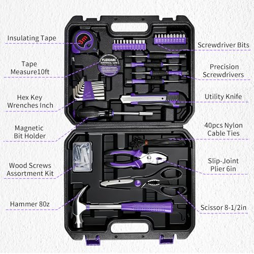 General Household Tool Set - Purple Hand Tool Kit with Waist Pouch & Gloves, Tool Kit for Women Everyday Home Repairs, DIY and Crafts, 112 pcs