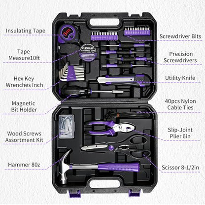General Household Tool Set - Purple Hand Tool Kit with Waist Pouch & Gloves, Tool Kit for Women Everyday Home Repairs, DIY and Crafts, 112 pcs