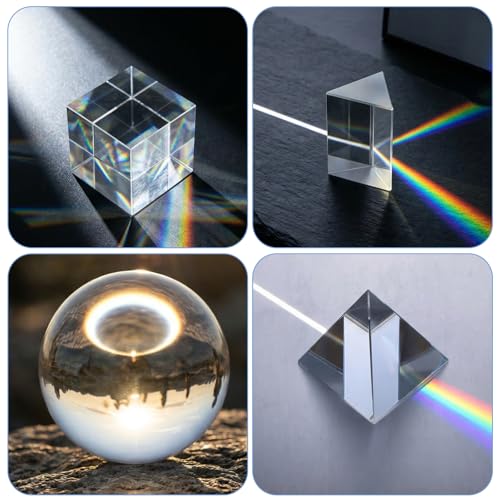 7-Piece Premium Optical Prism & Lens Kit with Gift Box - Large Triangular Prism, Crystal Ball, Cube, Pyramid, Concave & Convex Lenses for Creative Photography