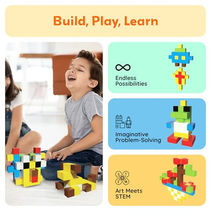 PicassoTiles 102pcs Pixel Magnetic Puzzle Cube 1” Pixel Mix & Match Toys with Ideabook STEM Education Learning Building Block Magnets Construction ToySet Stacking Creative Kit for Kids Age 3+ PMC102 - style: 102pc