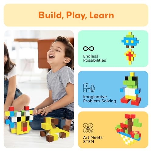 PicassoTiles 102pcs Pixel Magnetic Puzzle Cube 1” Pixel Mix & Match Toys with Ideabook STEM Education Learning Building Block Magnets Construction ToySet Stacking Creative Kit for Kids Age 3+ PMC102 - style: 102pc