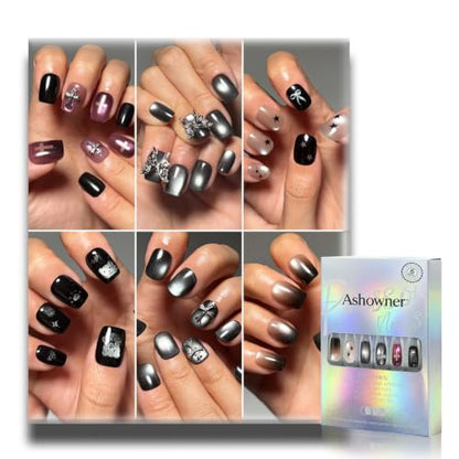 6 Packs (144 Pcs) | Reusable Press on Nails | cute nails | 6-Style Bundle | 12 Sizes | Each Style 24 Pcs | 3D Silver Butterfly Charms - color: 3D Silver Butterfly Charms