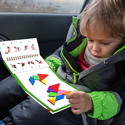 USATDD Travel Tangram Puzzle with 2 Set, Magnetic Pattern Blocks Road Trip Travel Games Jigsaw Montessori Brain Blocks IQ Book with 368 Solution Brain Teasers for Kids Adults Challenge - style: 368 Solution