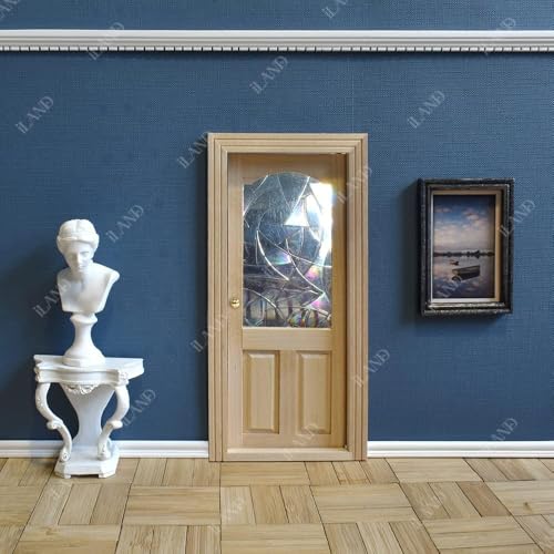 iLAND Dollhouse Door on 1 12 Scale, Unfinished Paintable Wooden Door w/ 3D Windowpane Reflecting Rainbow Light & Golden Metal Handles, Miniature Building Supplies Dollhouse Furniture & Decor - style: Classic Door w/ 3D Acrylic Windowpane