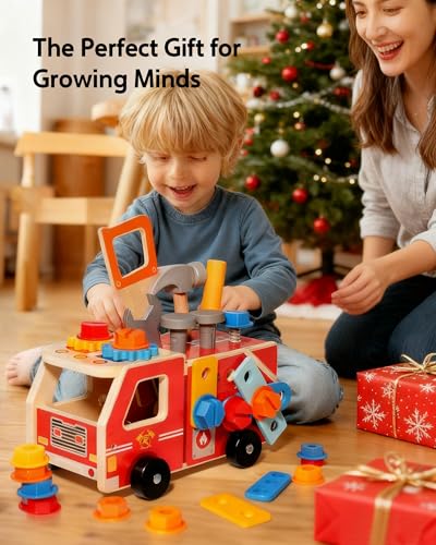 33-Piece Wooden Tool Set for Toddlers, Fire Truck Toolbox & Workbench Montessori Toys for 3-6 Year Olds, STEM Educational Pretend Play Tools, Construction Learning Gift for Boys Girls