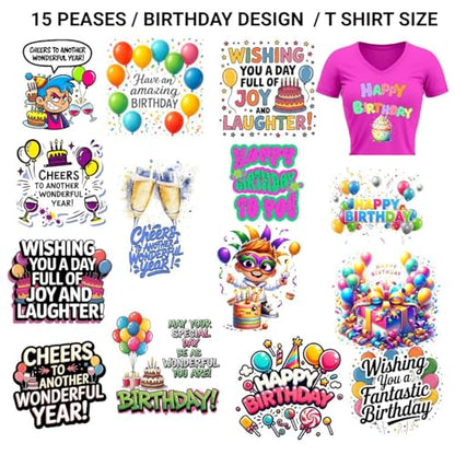 Happy Birthday Gang Sheet – Heat Press Ready Iron On DTF Transfers for T-Shirts & Hoodies – Colorful Birthday Shirt Designs, Cupcakes, Cakes, Balloons, Flowers & Quotes – DIY Printing - color: Happy Birthday Design