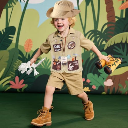 Kyson Kids Dinosaur Paleontologist Costume Explorer Hat Vest Zoo Keeper Outfit Accessories for Dino Jungle Safari Theme Party - color: Khaki