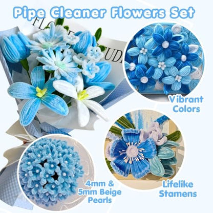 Blue Pipe Cleaner Kit With 150 Pcs Pipe Cleaners Colourful in 3 Colours(Dark Blue,Light Blue,Green),8 Pcs Green Floral Wire,40 Pearls,40 Stamen,Floral Tape,Flower Wrapping Paper and Ribbon - color: Blue