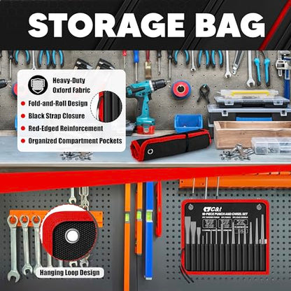 C&T 16-Piece Punch and Chisel Set with Storage Pouch, Including Taper Punch, Cold Chisels, Pin, Center Punch, Chrome Vanadium Steel - size: 16-Piece