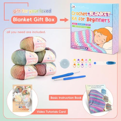 Aeelike Crochet Blanket Kit for Beginner, Easy Blanket Crochet Kit, Rainbow - color: Gift Box-Rainbow Gradient
