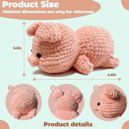 JueRum Pig Crochet Kit for Beginners Adult All-in-One Amigurumi Crochet Kit - color: Pink Pig
