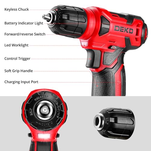 DEKOPRO Drill Set: 8V Cordless Drill, Home Tool Kit with 126 Piece Set - color: Red