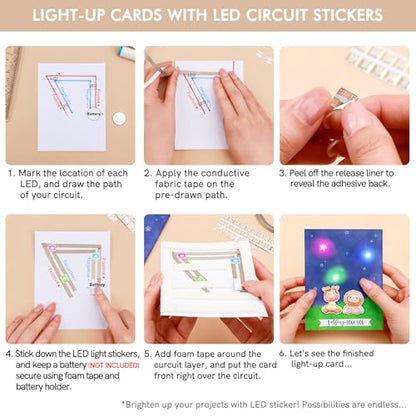 LED Circuit Stickers Light Craft Kit - 30 Pcs Yellow Pink Orange for Making Light-Up Cards Projects, with 1 Roll Conductive Tape and 3 Sheets Adhesive Foam Strips, Add Lights to Holiday Special Cards