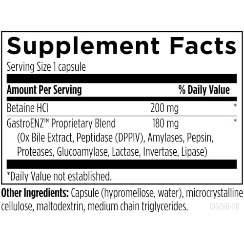 Designs for Health Digestzymes - Digestive Enzymes + Betaine Hydrochloride for Gas & Bloating Relief - Pepsin, Ox Bile, Lactase Enzyme & Lipase Enzymes for Digestion (60 Capsules) - size: 60 Count (Pack of 1)