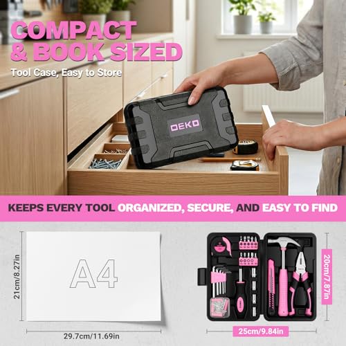 DEKOPRO 94 Piece Pink Tool Set, Household DIY Tool Kit for Women with Storage Toolbox, Small Basic Hand Tool Box Set for Home Repair, DIY, Apartment, Office - color: Pink