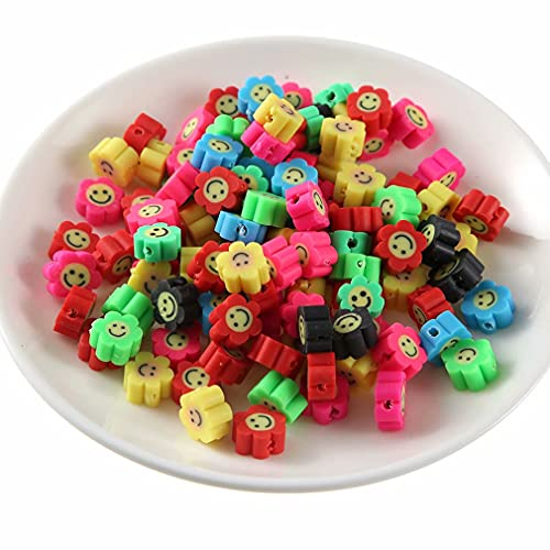 100pcs Mixed Polymer Clay Spacer Beads for Women Jewelry Making DIY Bracelet Necklace Hair Clip Accessories (Smile Face Flower) - color: Colorful Flower Face
