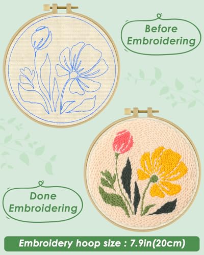 ERKOON Punch Needle Kit Adults Beginners, DIY Easy Floral Embroidery Set for Starter Art Craft, Needling Punch Project with Patterns, Tools, Yarns, Hoop, Instruction (Rhubarb Flowers) - color: Rhubarb Flowers