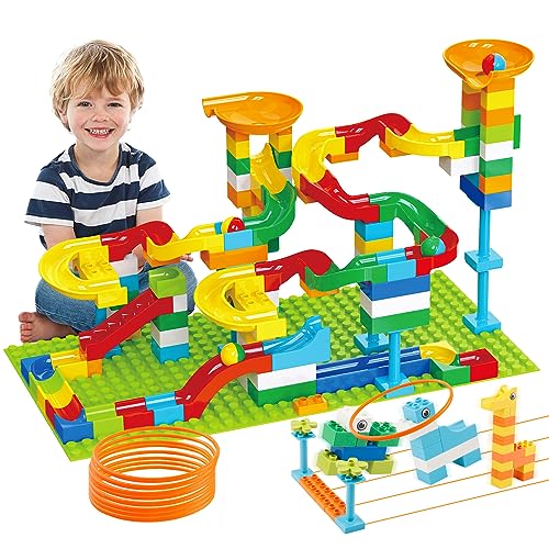 Anpcso Marble Run Building Blocks, 128 PCS STEM Toy with Toss Ring Game - style: with ring toss