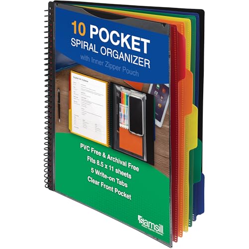 Samsill Spiral Folder Organizer - 5 Dividers & 10 Pockets with Zipper Pouch, Multi Pocket Color Cordinated Folder Binder with Customizable Tabs, Document Organizer (Basic) - color: Classic, size: Single, style: 5 Dividers