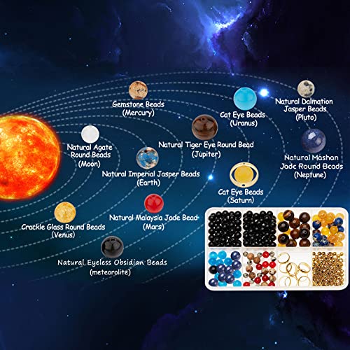 SUNNYCLUE 1 Box 300+Pcs DIY 10 Sets Solar System Bracelets Kit Galaxy Universe The Nine Guardian Planets Obsidian Beads Beading Bracelet Necklace Natural Gemstone Bead for Jewelry Making Kits Craft - color: Golden Color Rings Upgraded Beads