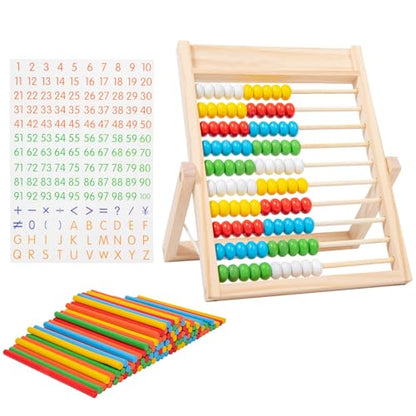 QQM Wooden Abacus Math Manipulatives Set with 100 Counting Beads, Math Sticks & Number Alphabet Cards, Folding Counting Toy Preschool Learning Activities Gift for Kids Toddlers Ages 3+
