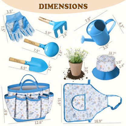 Kids Gardening Tool Set 13PCS Outdoor Toys Tote Bag Watering Can Apron Blue - color: Blue