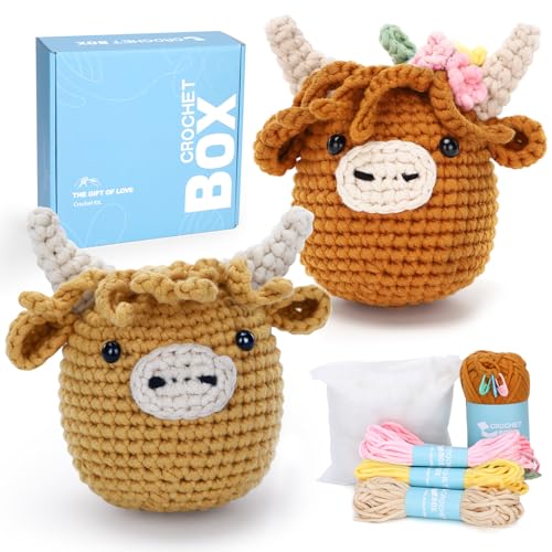 CrochetBox 2 PCS Highland Cow Crochet Kit, Brown Cow Set for Beginners - color: 2 PCS Highland Cow and Brown Highland Cow