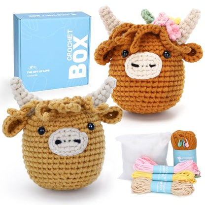 CrochetBox 2 PCS Highland Cow Crochet Kit, Brown Cow Set for Beginners - color: 2 PCS Highland Cow and Brown Highland Cow