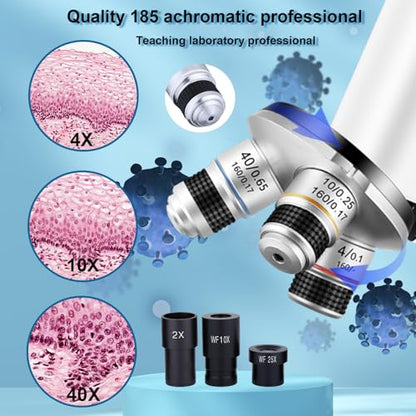 Microscope 40X-2500X Magnification with 4.3-inch Display, Wide-Angle 10X and 25X eyepieces, and Built-in 5-megapixel Camera for School Labs, Animal Husbandry (White) - color: white