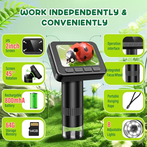 IMICHI Microscope for Kids 50X-1000X Magnification- 2 inch IPS HD Screen, 32GB storage Card, 1080P Video, 2-Hour Battery Life, Easy Carry, Slides Included - Perfect Science Kit Gift for Kids Ages 8-12 - color: Black