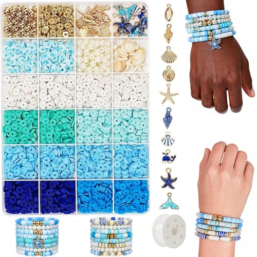 Ocean Theme Clay Beads Kit for Bracelet Making, 3000Pcs Blue White Polymer Heishi Beads Set with Starfish Shell Charms Pearls, DIY Jewelry Making Kit for Summer Beach Crafts - color: style 03