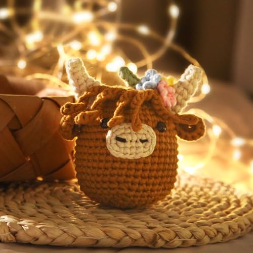 CrochetBox Brown Highland Cow Crochet Kit for Beginners, Craft for Adults - color: Highland Cow