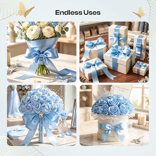 Caydo Sky Blue Ribbon Rose Bouquet for Gifts - color: Sky Blue
