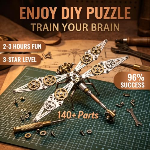 Steampunk Dragonfly 3D Metal Puzzle : 140+ Pcs 2-3 Hrs Screw Build Desktop Display Ornament DIY Assembly Gift for Father Men Teens Christmas & Birthday Gift(Dragonfly B) - style: Dragonfly B