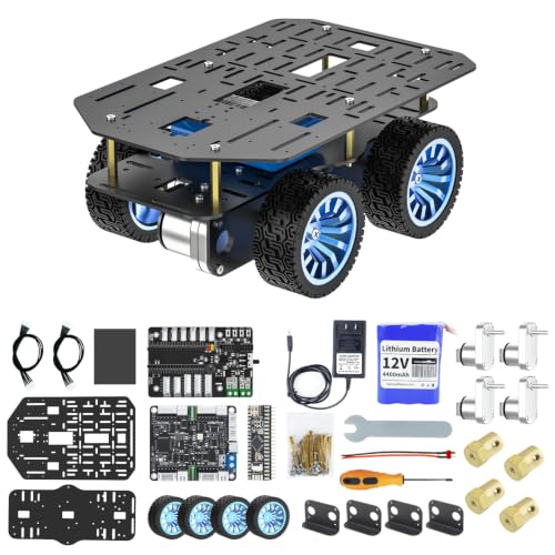 Yahboom 4WD Smart Chassis Car Kit with Aluminum Alloy Chassis,520 Encoder Motor,65mm Wheels,Robotic Moving Platform (Black, Unassembled) with Battery