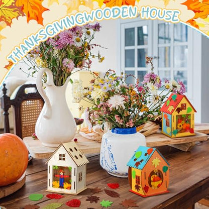 Cinnvoice 12 Sets Thanksgiving Wooden House Fall Craft Kit, Turkey Pumpkin