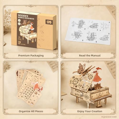 3D Puzzles for Adults Wooden Piano Box Building Sets 1:18 Scale Model Kit Music Box Construction Puzzles Unique Gift for Men Women Birthday Christmas 128 PCS
