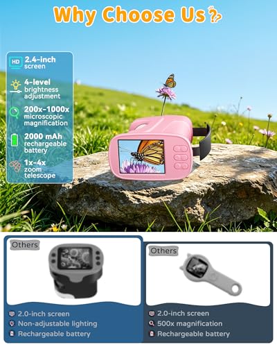 1000X Kids Handheld Microscope, 4K Digital Mini Pocket Digital Microscope with 2.4" IPS Screen, Built-in Camera & 12 Prepared Slides, STEM Educational Toy, Birthday Gift for Boys & Girls Ages 3–12 - color: Pink