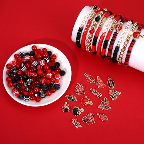 2200PCS+ Game Day Beads Charms for Bracelet Making Polymer Clay Beads Crystal Pearl Letter Gold Spacer Beads Football Charms for Game Day Bracelet Necklace Making DIY Crafts - color: Red Black