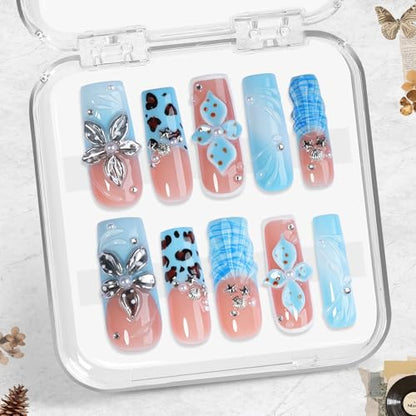Blue Jelly Press On Nails, Handmade Silver 3D Flower Shell Leopard Design, 10pcs Square Shape Reusable Full Cover Acrylic Nails, Summer Beach Vacation & Party– Appife - color: Blue Tide, size: S