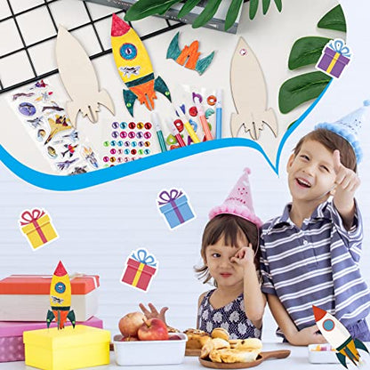 BAPHILE 12 Pack DIY Wood Rocket, Mini and Decorate Wooden Craft Kits With Tools for Kids School Home Party Decor Projects