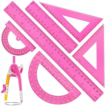 Zonon 7 Pcs Geometry Math Set with Compass Protractor Rulers, Pink - color: Pink