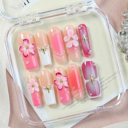 Pink Jelly Handmade Press On Nails 10pcs, Acrylic Square Tips with 3D Floral Art, Sweet Ombre Glossy Design with Pearl, Reusable Full Cover Nails for Romantic Date Night, Parties & Spring Looks - color: Starlit Veil, size: L
