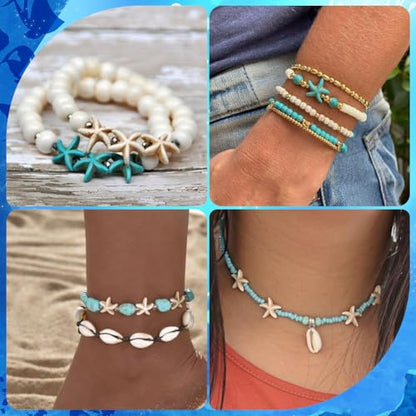 SUNNYCLUE 1 Box About 300Pcs Bohemian Style Starfish Beads Blue White Natural Shell Beads Summer Ocean Animal Starfish Seashell Charms 6mm 8mm Chip Spacers for Jewelry Making Kits - color: Boho Styles Beads Kit-3