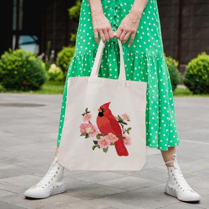 Louise Maelys Cardinal Embroidery Kit for Beginners Canvas Tote Bag - color: Cardinal