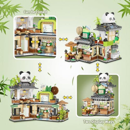 Street View Tea Shop Mini Building Blocks, MOC Creative Building Toys Cute Panda Animals Building Set for Girls 6-12, Simulation Architecture Construction Toy, Gift Idea for Kids Adults (860PCS) - style: Tea Shop