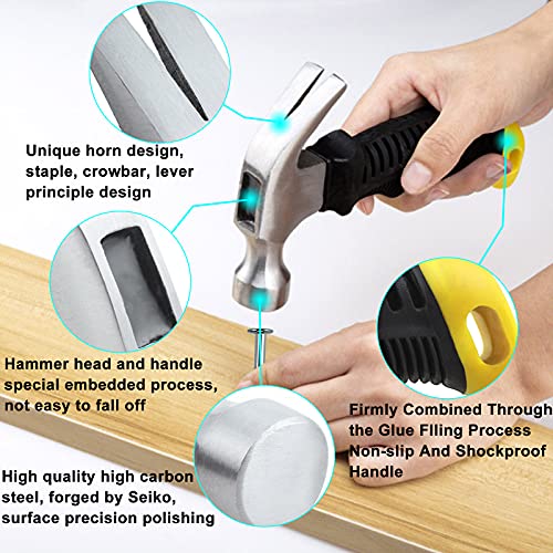 376pcs Hardware Nails Assortment Kit with 8oz Small Claw Hammer, Mini Hammer with Anti-Slip Handle, Maximum Length 2 Inches, Finishing Nails for Hanging Pictures, Household & DIY