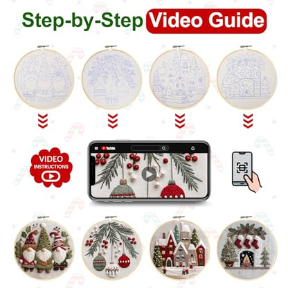 Santune Christmas Embroidery kit,Fall Needlepoint Cross Stitch Kits for Beginners Adult,Needle Point Sets,4 Embroidery,2 Hoops,Christmas Ornaments - color: Christmas x4