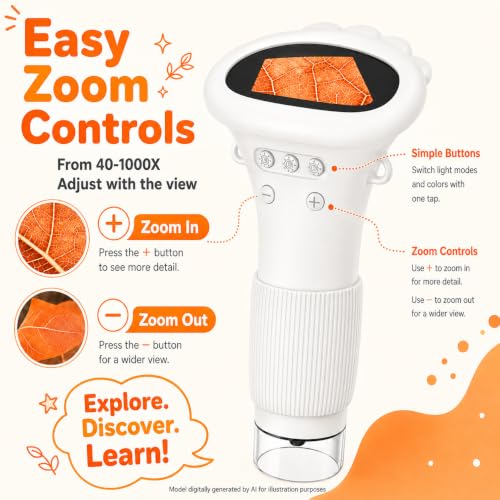 1000X Microscope for Kids, 2'' Screen Kids Wonder Quest Microscope Camera, Digital Handheld Microscope, Educational Kids Magnifying Glass, Christmas Birthday Gifts for Age 3 4 5 6 7 8 9 10- White - color: White